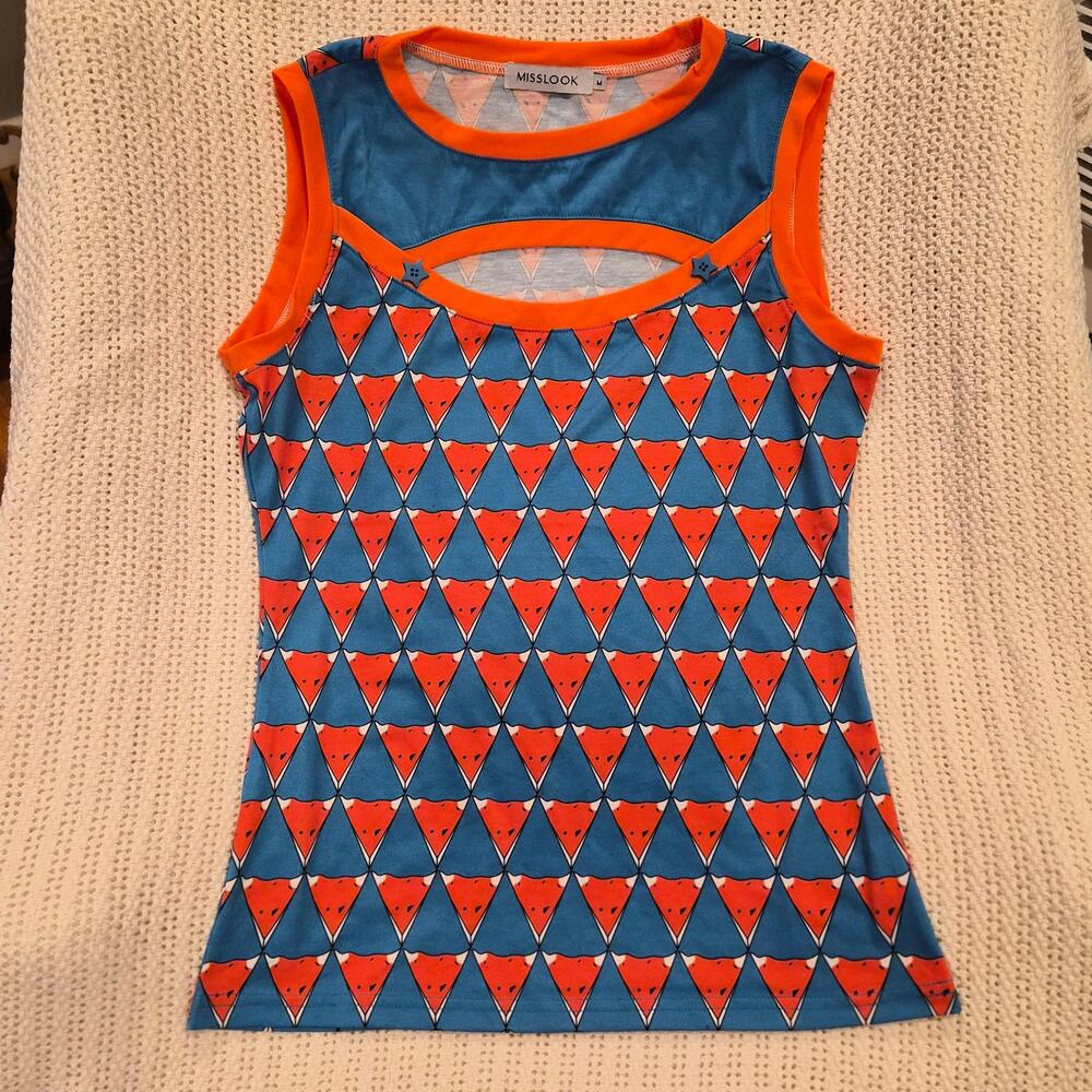 Misslook Fox Geometric Print Cutout Sleeveless Top Size M‎ Mod Indie Rockabilly